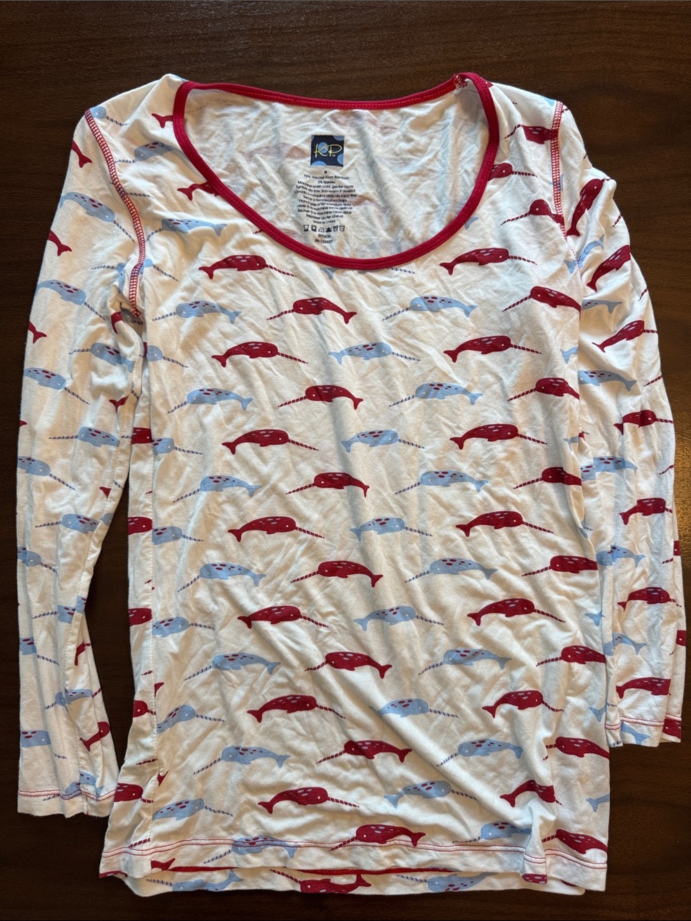 Kickee Pants White Long-Sleeve Narwhal Print Tee with Red Trim